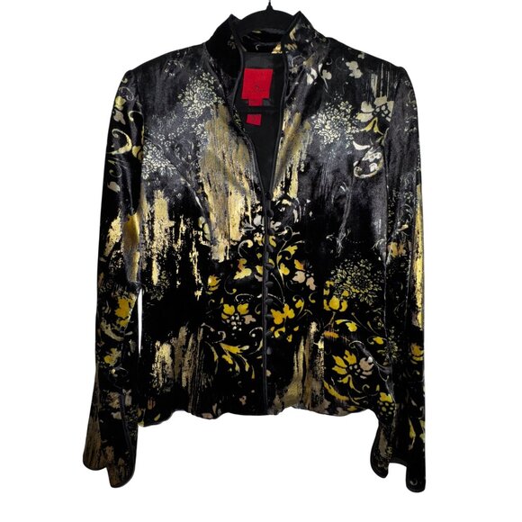 JS Collections Black & Gold Velvet Suit Size 4 Blazer Flare Skirt Classy Glam - Picture 2 of 13